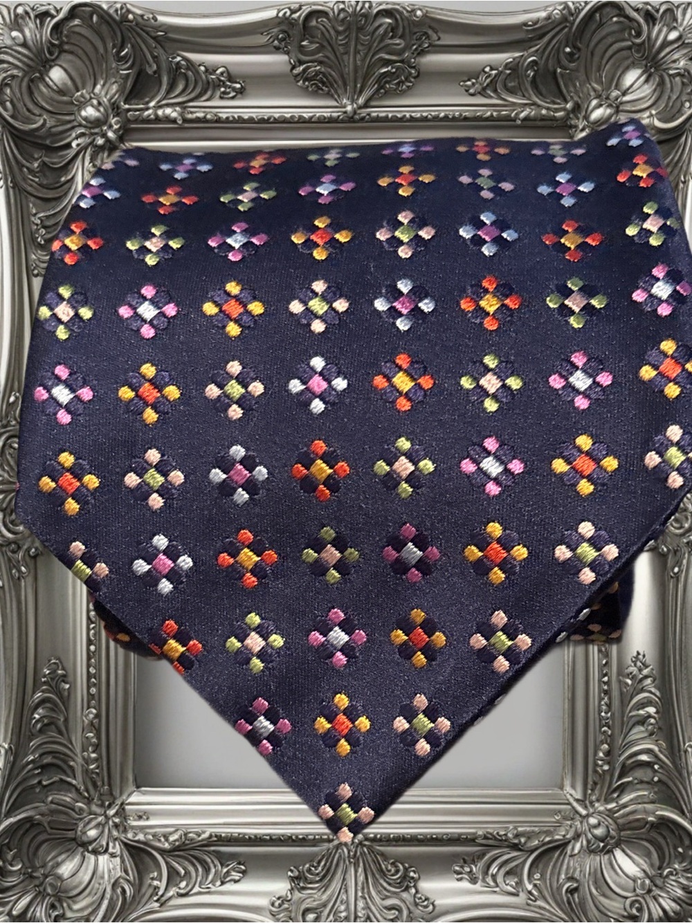 ALTEA Vintage Navy Silk Tie with Multicolor Embroidered Dots